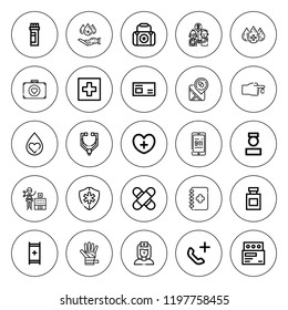 Ambulance icon set. collection of 25 outline ambulance icons with blood donation, first aid, emergency call, healthcare, hospital, injury icons. editable icons.