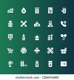 ambulance icon set. Collection of 25 filled ambulance icons included Emergency, Medicine, Medical room, Bandage, Stretcher, Siren, Blood donation, Emergency call, Nurse, Red cross