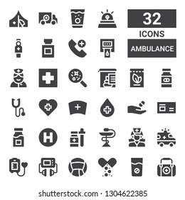 ambulance icon set. Collection of 32 filled ambulance icons included First aid, Medicine, Defibrillator, Blood donation, Ambulance, Nurse, Hospital, Phonendoscope, Stool test