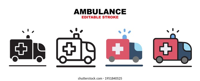 Conjunto de iconos de ambulancia con estilos diferentes. Iconos diseñados en color relleno, contorno, plano, glifo y línea. Actrazo editable y píxel perfecto. Se puede usar para web, móvil, ui y más.