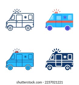 Icono de ambulancia establecido en estilo plano y de línea. Símbolo de coche de emergencia. Ilustración del vector