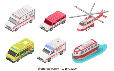 Ambulance icon set. Isometric set of ambulance vector icons for web design isolated on white background