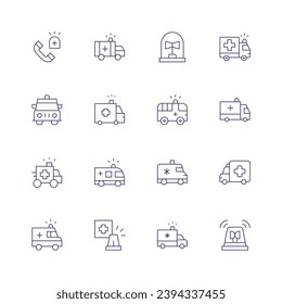 Ambulance icon set. Thin line icon. Editable stroke. Containing emergency call, siren, ambulance, medical service.