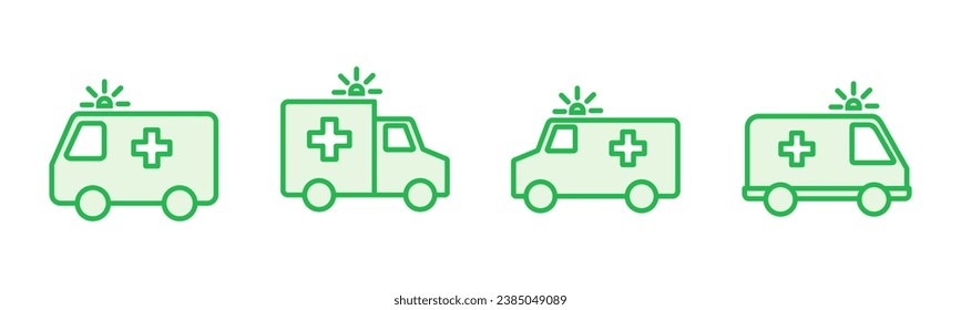 Ambulanzsymbol eingestellt. LKW-Symbol, Vektorgrafik. Krankenwagen