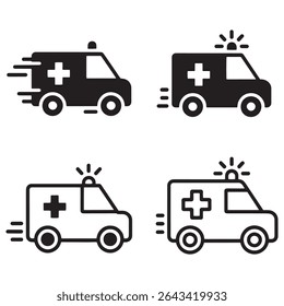 Ambulance Icon Set Vector – Emergency Medical Vehicle in Solid and Outline Styles