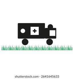 Ambulance icon shape. Emergency vehicle silhouette. Medical transport symbol. Grass surface. Child drawing style.