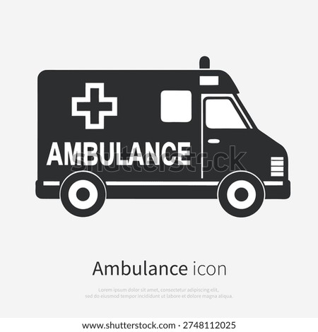 Ambulance icon silhouette side view isolated on white background. Vector illustration logo of a medical emergency vehicle.