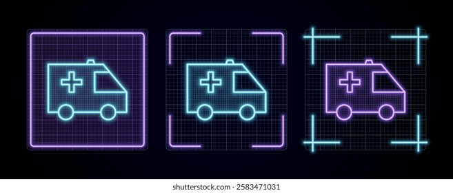 Ambulance icon vector, cyber neon visual, glowing border grid vector.	