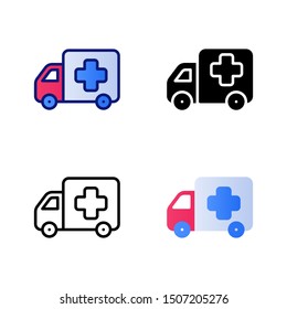 Ambulance icon vector symbol illustration in four style glyph, line, flat and filled line