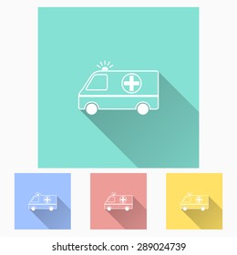 Ambulance - icon is white with long shadow, flat design. Vector illustration.