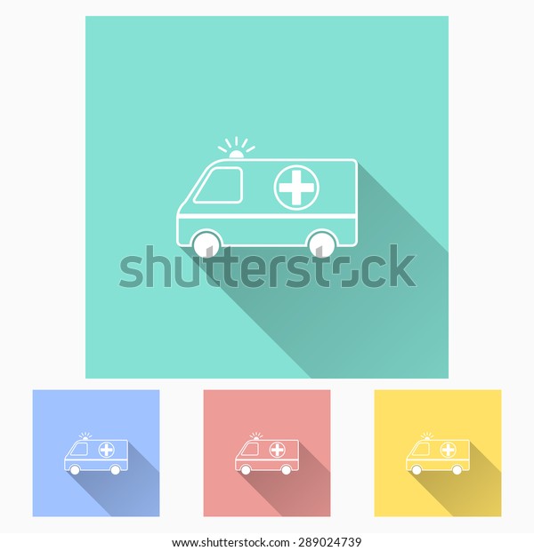 Ambulance - icon is white with long shadow,\
flat design. Vector\
illustration.