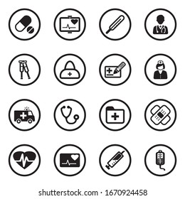 Ambulance Icons. Black Flat Design In Circle. Vector Illustration.