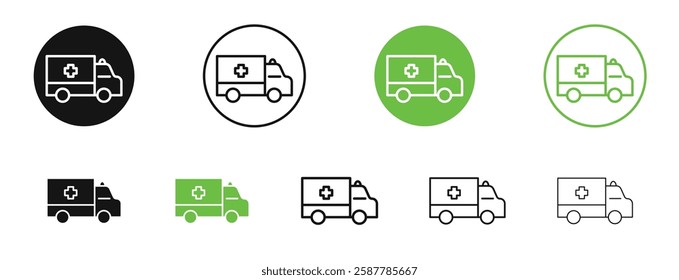 Ambulance icons in black and green colors collection