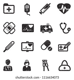 Ambulance Icons. Black Scribble Design. Vector Illustration.