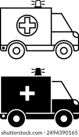 Ambulance Icons. Black and White Vector Icons of Medical Car. Vehicle for Providing First Aid to Sick People. Health and Medicine Concept