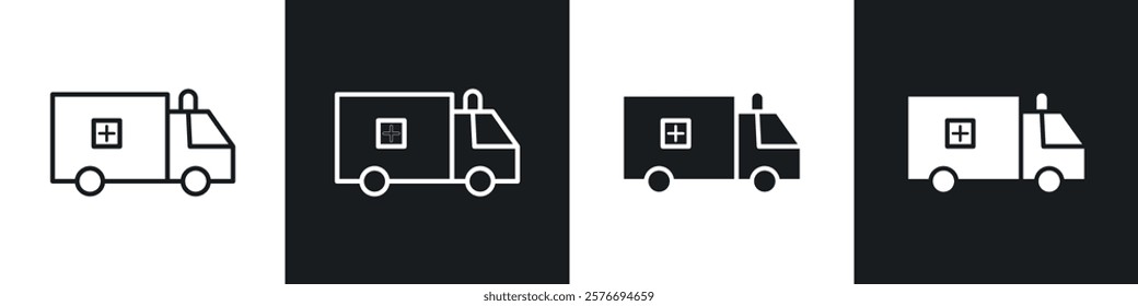 Ambulance icons collection in black and white solid and line style