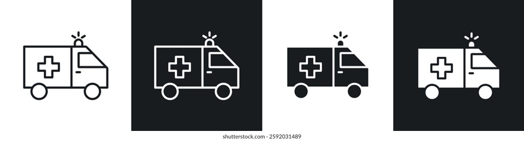 Ambulance icons collection in black and white filled and line versions