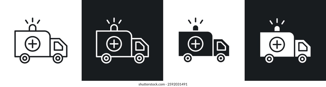 Ambulance icons collection in black and white filled and line versions