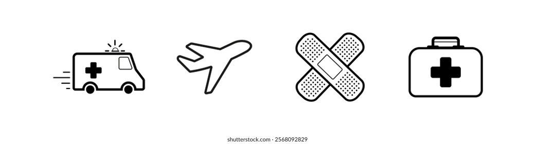 Ambulance icons. First aid supplies. Bandage, first aid kit, ambulance, airplane