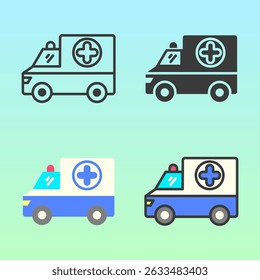 Ambulance icons in flat style, featuring various vehicle views with medical symbols. Suitable for emergency health banners, road safety campaigns, or transport-related materials.