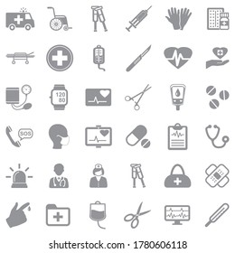 Ambulance Icons. Gray Flat Design. Vector Illustration.