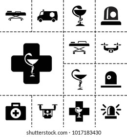 Ambulance icons. set of 13 editable filled ambulance icons such as siren, first aid, medical drone, medicine, hospital stretch, pharmacy