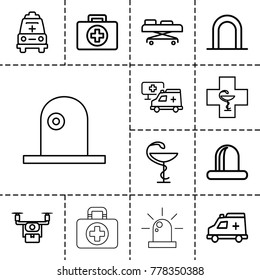 Ambulance icons. set of 13 editable outline ambulance icons such as siren, first aid, medical drone, ambulance, medicine, hospital, hospital stretch