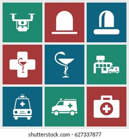 Ambulance icons set. set of 9 ambulance filled icons such as siren, ambulance, medicine, hospital, pharmacy, medical drone