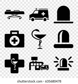 Ambulance icons set. set of 9 ambulance filled icons such as siren, ambulance, medicine, hospital, hospital stretch, pharmacy