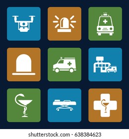 Ambulance icons set. set of 9 ambulance filled icons such as siren, ambulance, medicine, hospital, hospital stretch, pharmacy