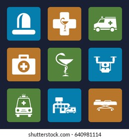 Ambulance icons set. set of 9 ambulance filled icons such as siren, ambulance, medicine, hospital, hospital stretch, pharmacy, medical drone