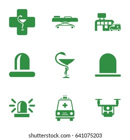 Ambulance icons set. set of 9 ambulance filled icons such as siren, ambulance, medicine, hospital, hospital stretch, pharmacy