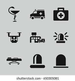 Ambulance icons set. set of 9 ambulance filled icons such as siren, ambulance, medicine, hospital, hospital stretch, medical drone