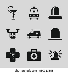Ambulance icons set. set of 9 ambulance filled icons such as siren, ambulance, medicine, pharmacy, medical drone