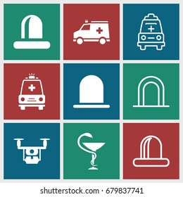 Ambulance icons set. set of 9 ambulance filled and outline icons such as siren, ambulance, medicine