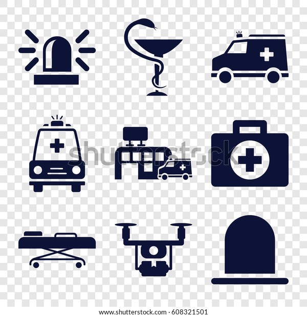 Ambulance icons set. set of 9 ambulance filled\
icons such as siren, ambulance, medicine, hospital, hospital\
stretch, medical\
drone