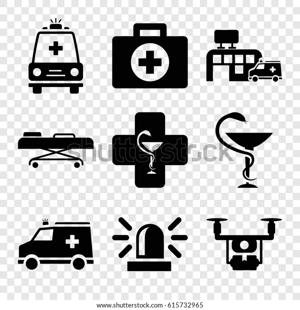 Ambulance icons set. set of 9 ambulance filled\
icons such as siren, ambulance, medicine, hospital, hospital\
stretch, pharmacy, medical\
drone