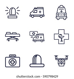 ambulance icons set. Set of 9 ambulance outline icons such as siren, ambulance, hospital, hospital stretch, pharmacy, medical drone
