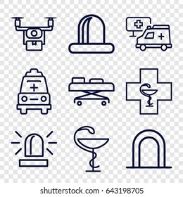 Ambulance icons set. set of 9 ambulance outline icons such as siren, ambulance, medicine, hospital, hospital stretch, pharmacy