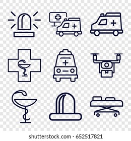 Ambulance icons set. set of 9 ambulance outline icons such as siren, ambulance, medicine, hospital, hospital stretch, pharmacy