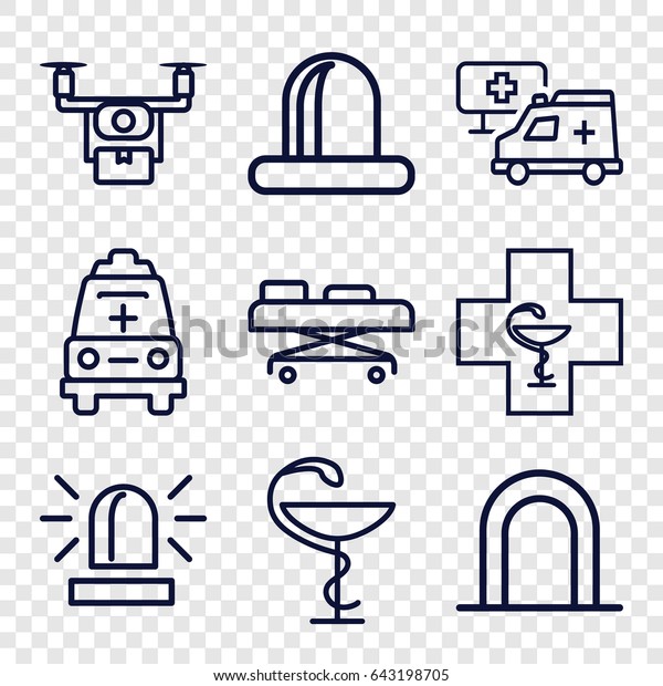Ambulance icons set. set of 9 ambulance outline\
icons such as siren, ambulance, medicine, hospital, hospital\
stretch, pharmacy