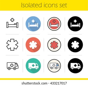 Ambulance icons set. Flat design, linear, black and color styles. Hospital bed, star of life and emergency car symbols. Medical isolated vector illustrations