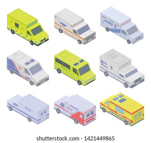 Ambulance icons set. Isometric set of ambulance vector icons for web design isolated on white background