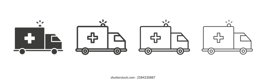 Ambulance icons set. Liner outlined and flat black color