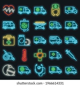 Iconos de ambulancia establecidos. Conjunto de esquema de iconos de vector de ambulancia color de neón sobre blanco