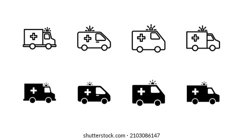 Ambulance Icons Set. Ambulance Truck Sign And Symbol. Ambulance Car