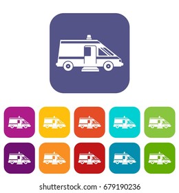 Ambulance icons set vector illustration in flat style In colors red, blue, green and other
