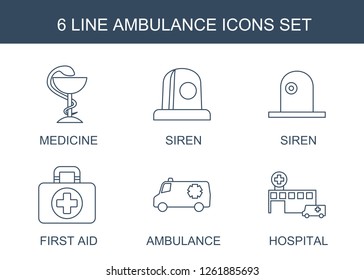 ambulance icons. Trendy 6 ambulance icons. Contain icons such as medicine, siren, first aid, hospital. ambulance icon for web and mobile.
