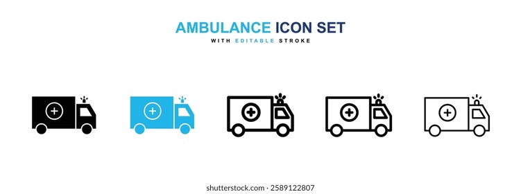 Ambulance icons vector collection in black and blue colors on white background