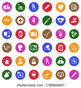 Ambulance Icons. White Flat Design In Circle. Vector Illustration.